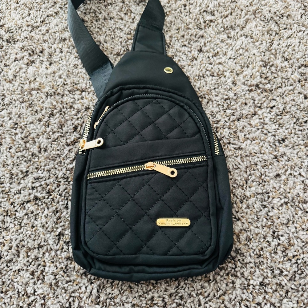 Quilted Black Crossbody Sling Bag with Gold Hardware